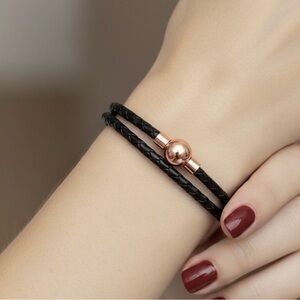 Linx Double Black Leather Braided Cord Bracelet with a Rose Gold Magnetic Clasp